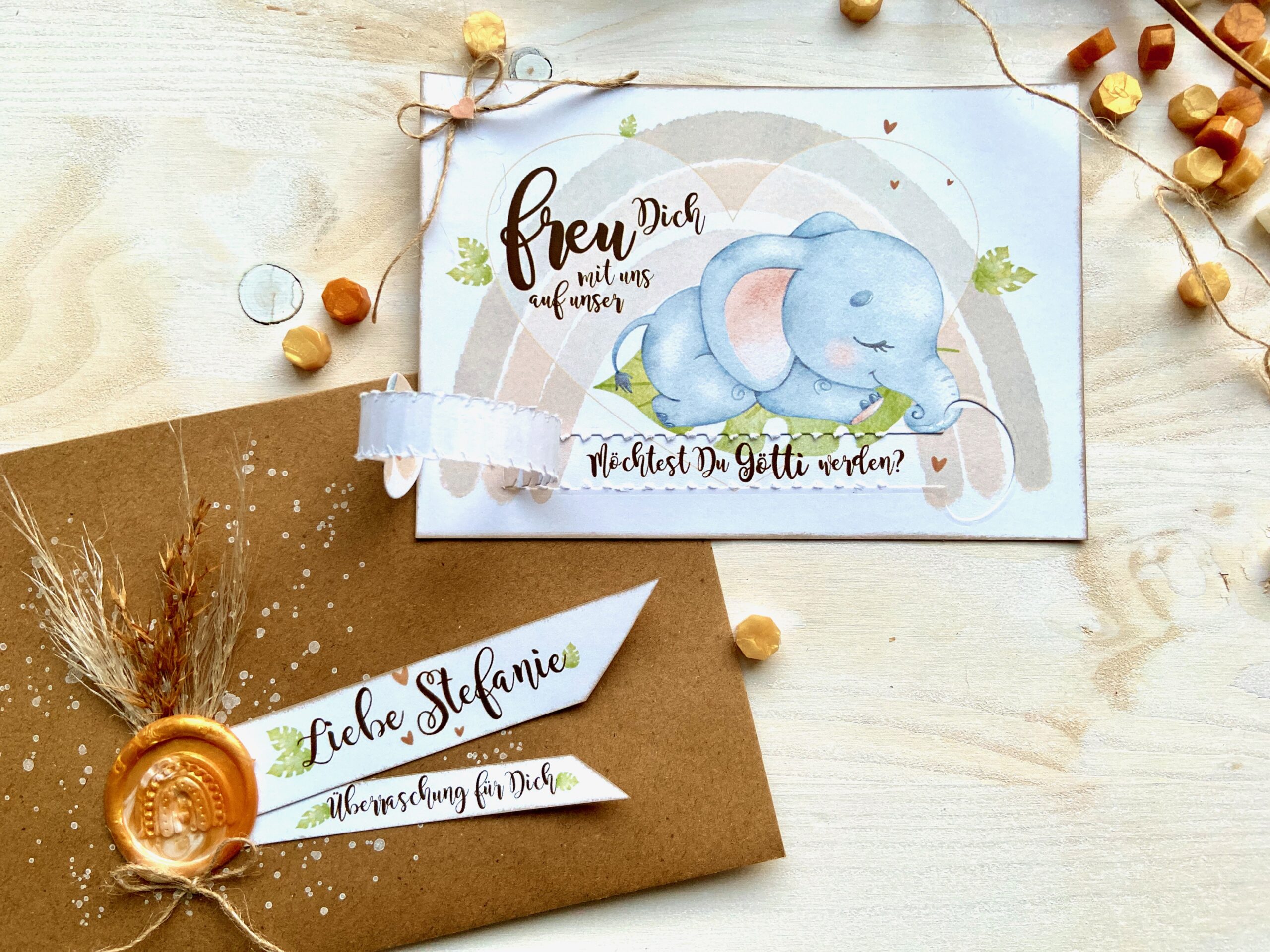 Gotti Götti Frage Karte mit personalisiertem Umschlag, Elefant BABY, im Boho-Stil, Schwangerschaft verkünden von MANNIGFALTIG - Handgemacht in der Schweiz