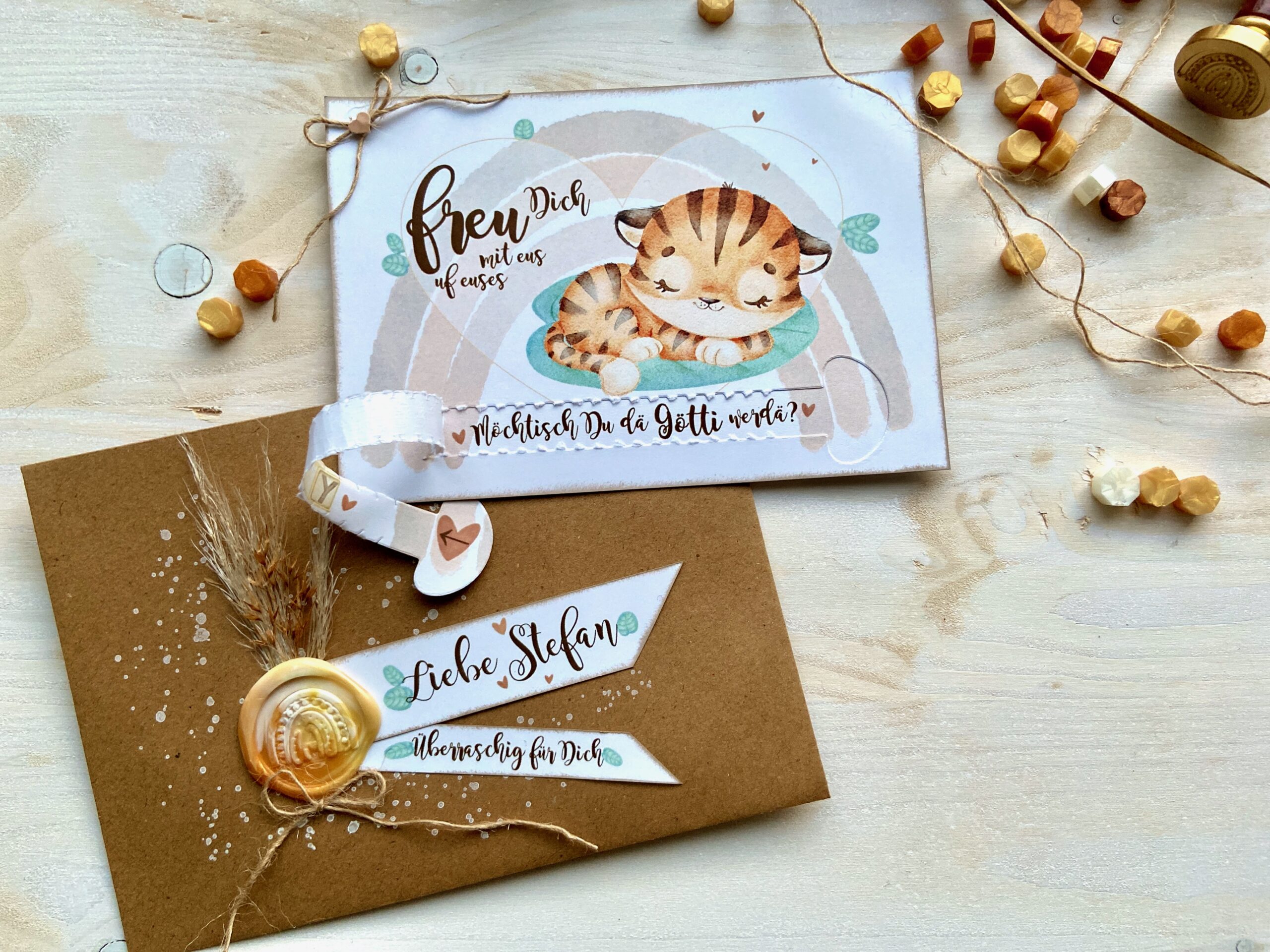 Gotti Götti Frage Karte mit personalisiertem Umschlag, BABY Tiger, im Boho-Stil, Schwangerschaft verkünden von MANNIGFALTIG - Handgemacht in der Schweiz