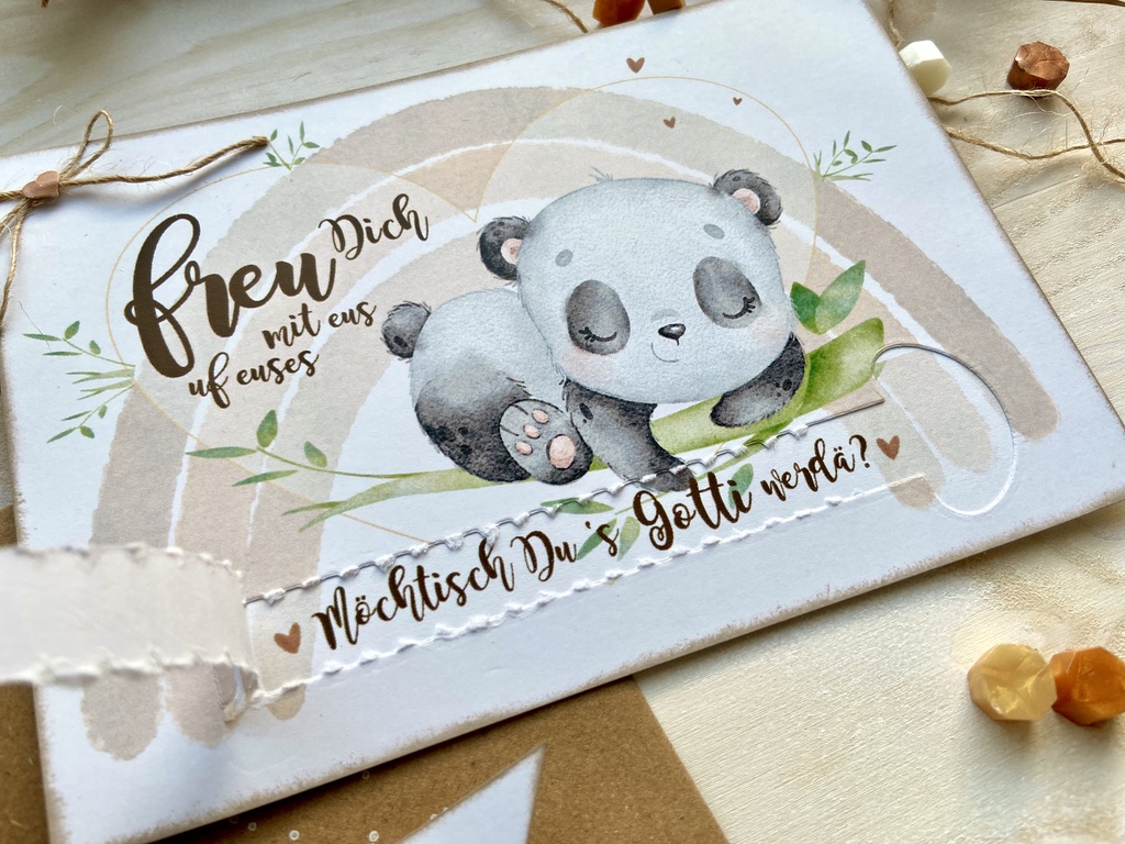Gotti Götti Frage Karte mit personalisiertem Umschlag, Panda BABY, im Boho-Stil, Schwangerschaft verkünden von MANNIGFALTIG - Handgemacht in der Schweiz